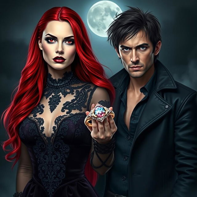 A striking female vampire with long flowing red hair and piercing red eyes, prominently displayed in a dramatic pose