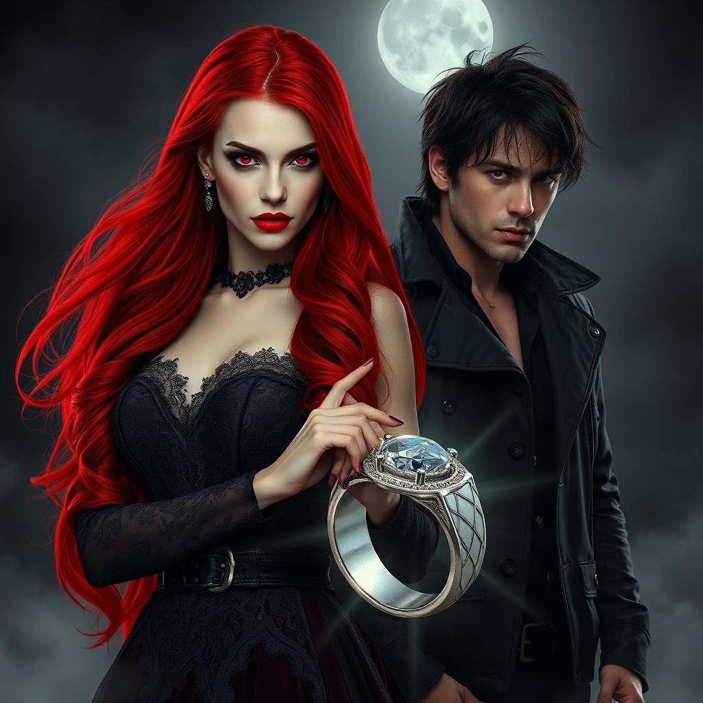 A striking female vampire with long flowing red hair and piercing red eyes, prominently displayed in a dramatic pose