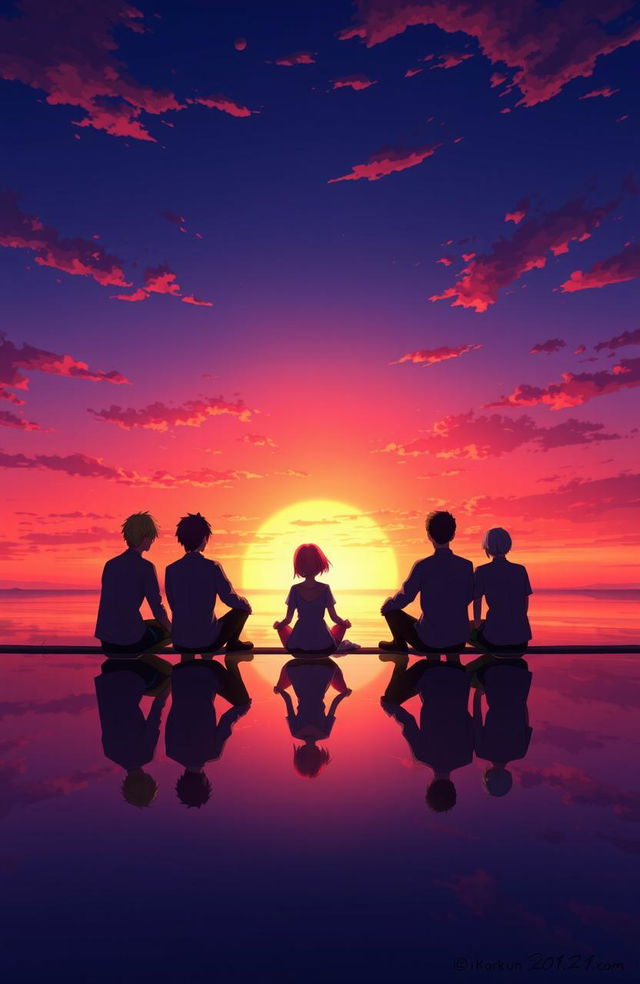 A serene anime scene featuring five men and one woman sitting together, captivated by a breathtaking sunset