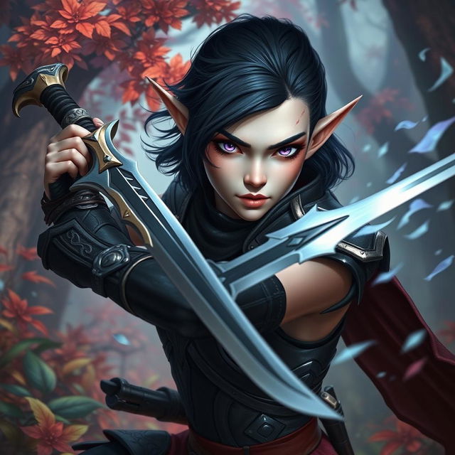 A fierce elf girl with radiant white skin, captivating violet eyes, and short black hair