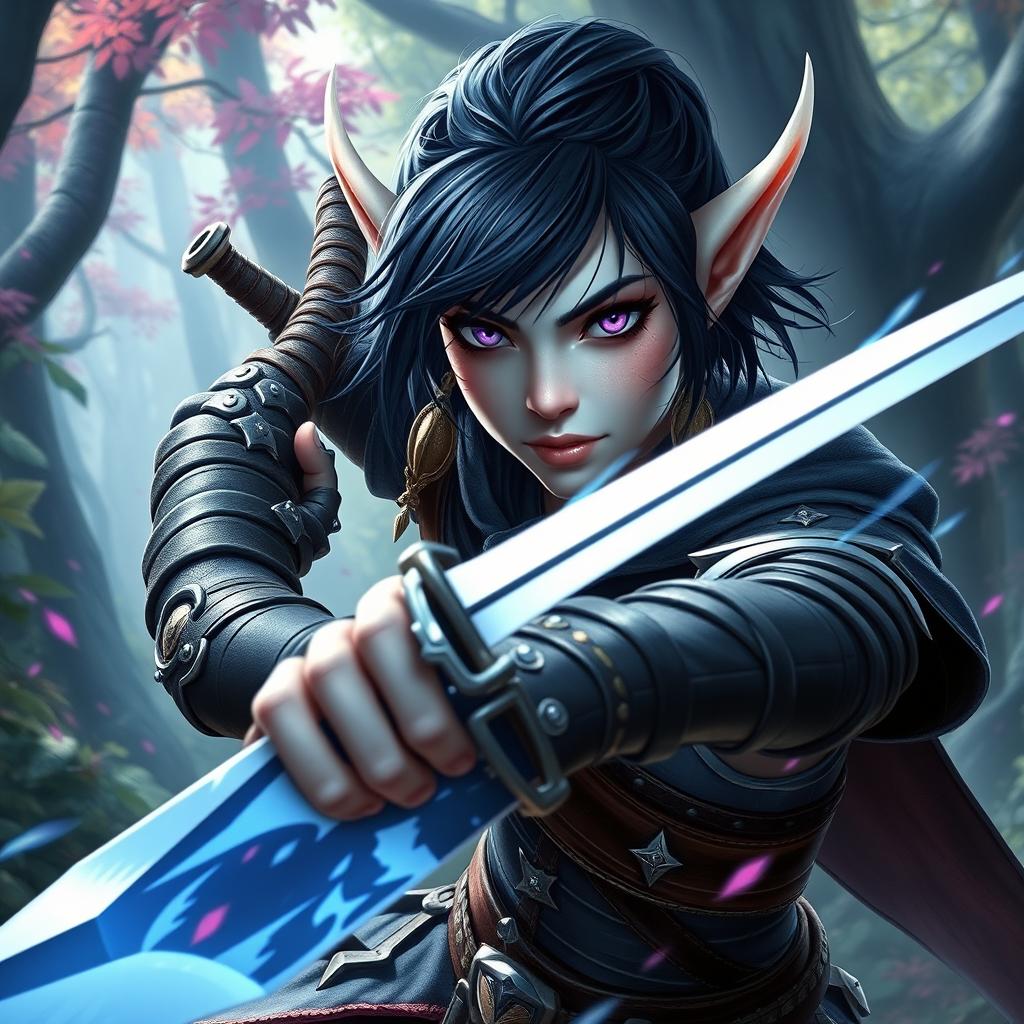 A fierce elf girl with radiant white skin, captivating violet eyes, and short black hair