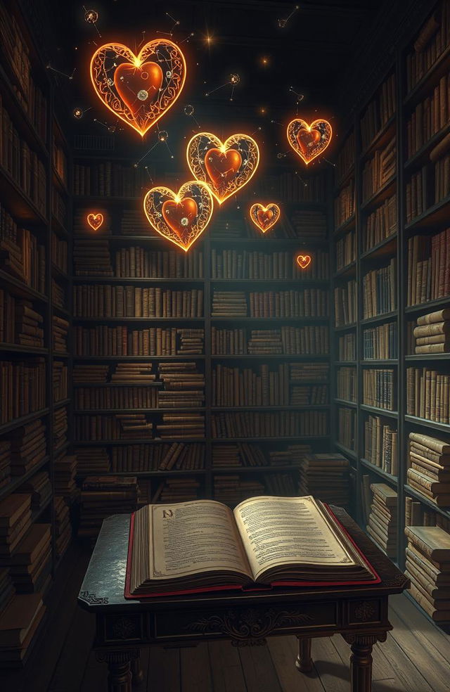 A mystical library filled with ancient scrolls and books, each bound with intricate, heart-themed designs