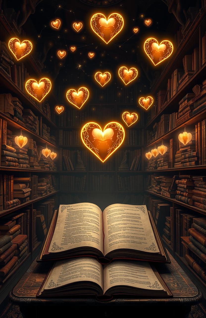 A mystical library filled with ancient scrolls and books, each bound with intricate, heart-themed designs