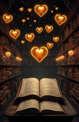 A mystical library filled with ancient scrolls and books, each bound with intricate, heart-themed designs