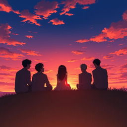 In an anime style scene, depict 5 men and 1 woman sitting together on a grassy hill, only their shadows visible in the glowing reflection of a vibrant sunset