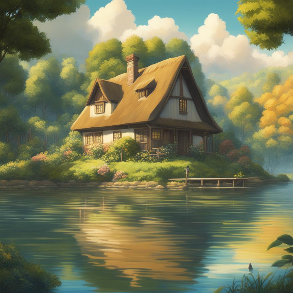 A high-definition digital art image depicting a serene lakeside setting in the iconic style of Studio Ghibli