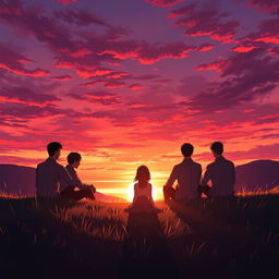 In an anime style scene, depict 5 men and 1 woman sitting together on a grassy hill, only their shadows visible in the glowing reflection of a vibrant sunset