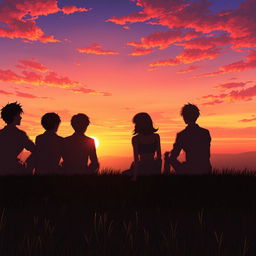 In an anime style scene, depict 5 men and 1 woman sitting together on a grassy hill, only their shadows visible in the glowing reflection of a vibrant sunset
