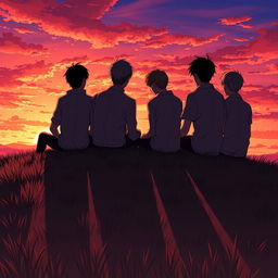 In an anime style scene, depict 5 men and 1 woman sitting together on a grassy hill, only their shadows visible in the glowing reflection of a vibrant sunset