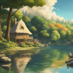 A high-definition digital art image depicting a serene lakeside setting in the iconic style of Studio Ghibli