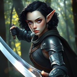 A beautiful elf girl with radiant white skin, mesmerizing violet eyes, and short curly black bobbed hair