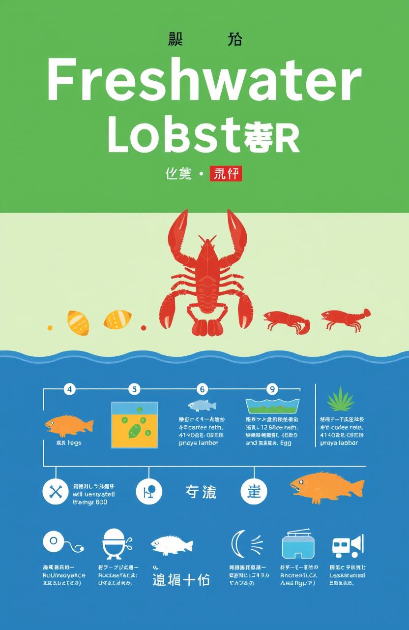 A book cover design featuring the life cycle of freshwater lobsters, illustrating their journey from eggs to adulthood