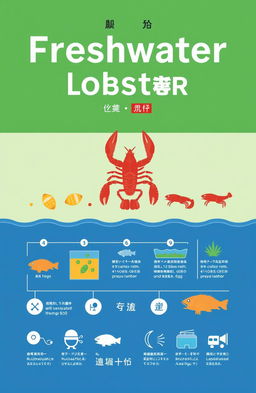 A book cover design featuring the life cycle of freshwater lobsters, illustrating their journey from eggs to adulthood