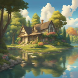 A high-definition digital art image depicting a serene lakeside setting in the iconic style of Studio Ghibli