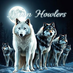 A stunning white wolf with deep blue eyes stands proudly in the foreground, alongside a striking black and gray wolf with vibrant green eyes