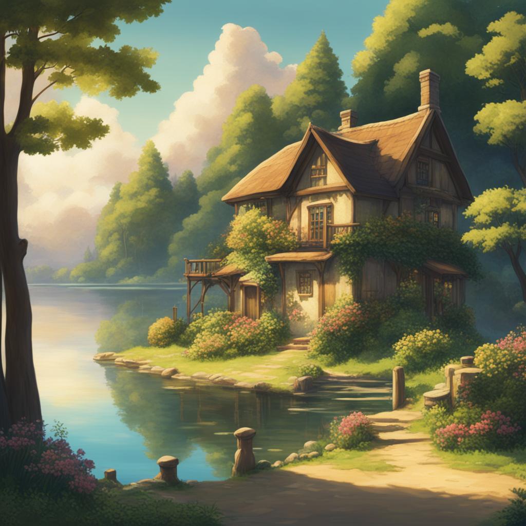 A high-definition digital art image depicting a serene lakeside setting in the iconic style of Studio Ghibli