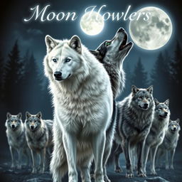 A stunning white wolf with deep blue eyes stands proudly in the foreground, alongside a striking black and gray wolf with vibrant green eyes