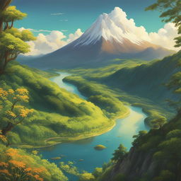 A high-definition digital art image depicting a lush valley in the signature style of Studio Ghibli