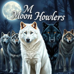 A powerful white wolf with captivating blue eyes stands proudly in the foreground, next to a stunning black and gray wolf with striking green eyes