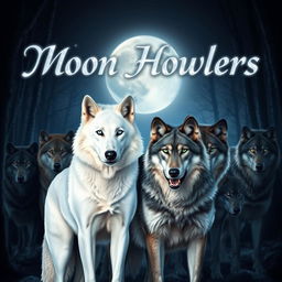A powerful white wolf with captivating blue eyes stands proudly in the foreground, next to a stunning black and gray wolf with striking green eyes