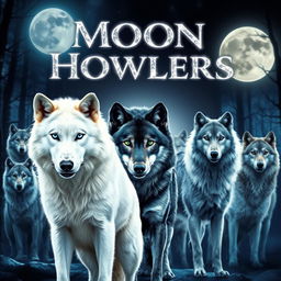 A powerful white wolf with captivating blue eyes stands proudly in the foreground, next to a stunning black and gray wolf with striking green eyes
