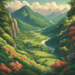 A high-definition digital art image depicting a lush valley in the signature style of Studio Ghibli