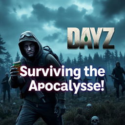 An exciting and dynamic YouTube thumbnail for a DayZ gaming video, featuring a realistic and intense post-apocalyptic landscape