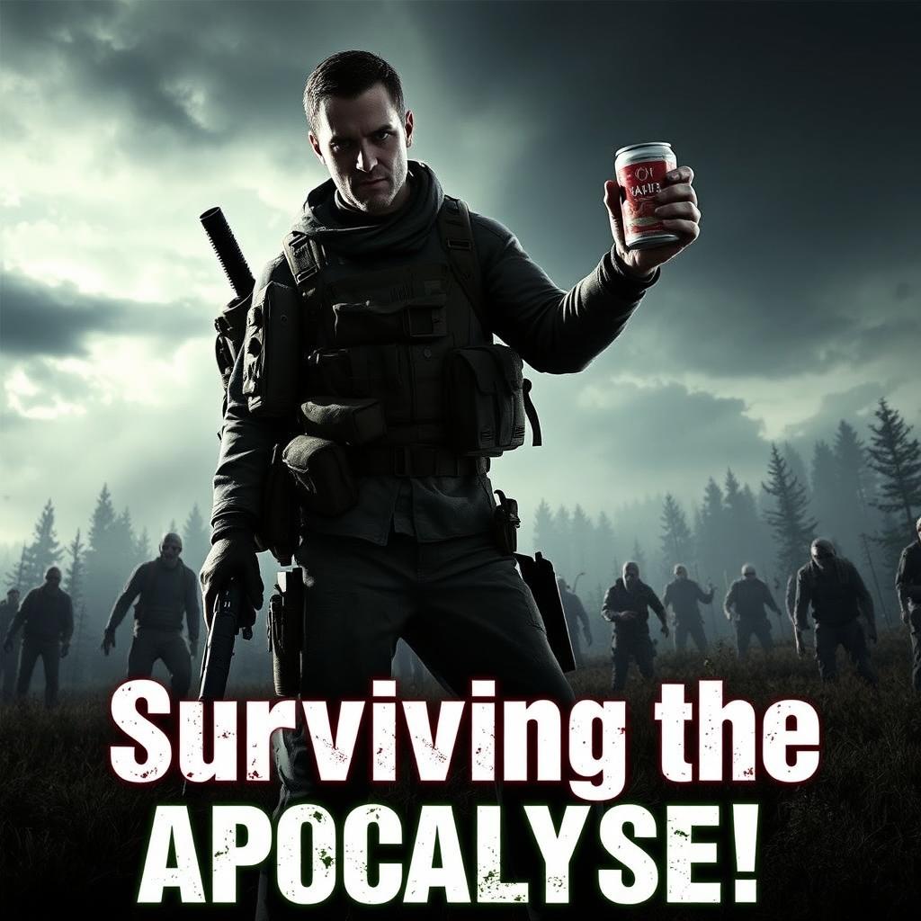 An exciting and dynamic YouTube thumbnail for a DayZ gaming video, featuring a realistic and intense post-apocalyptic landscape