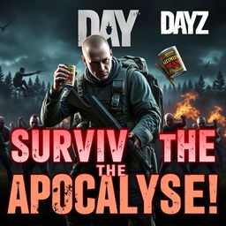 An exciting and dynamic YouTube thumbnail for a DayZ gaming video, featuring a realistic and intense post-apocalyptic landscape