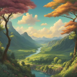 A high-definition digital art image depicting a lush valley in the signature style of Studio Ghibli