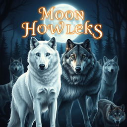 A striking white wolf with mesmerizing blue eyes stands confidently in the foreground next to a stunning black and gray wolf with bright green eyes