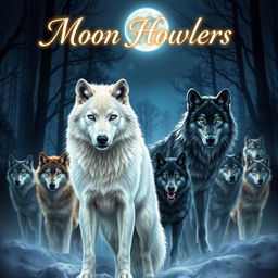 A striking white wolf with mesmerizing blue eyes stands confidently in the foreground next to a stunning black and gray wolf with bright green eyes