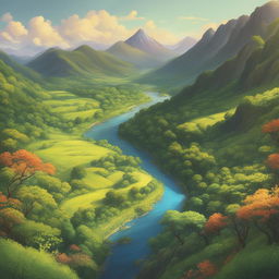 A high-definition digital art image depicting a lush valley in the signature style of Studio Ghibli