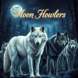 A striking white wolf with mesmerizing blue eyes stands confidently in the foreground next to a stunning black and gray wolf with bright green eyes