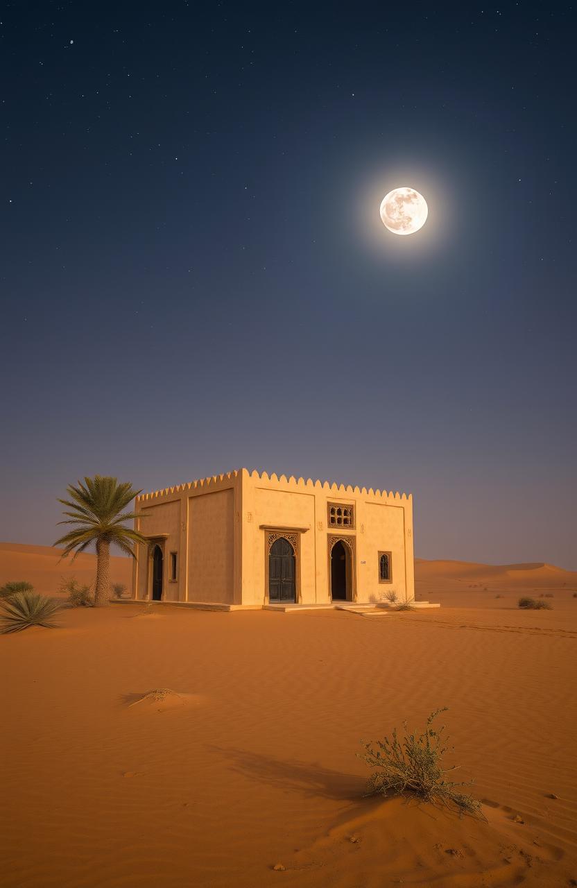 A serene desert night scene featuring an ancient Arabic house