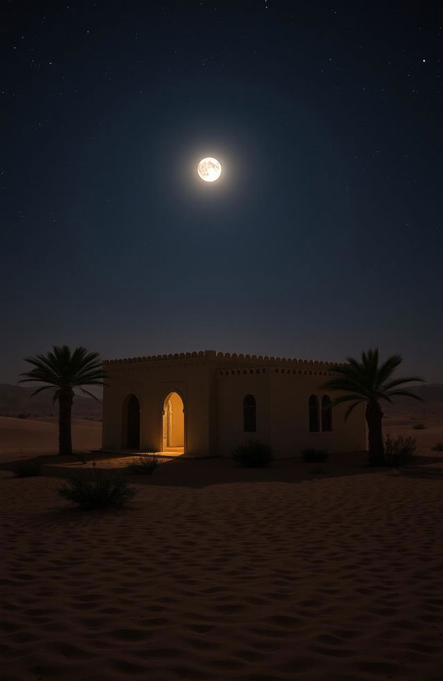 A serene desert night scene featuring an ancient Arabic house