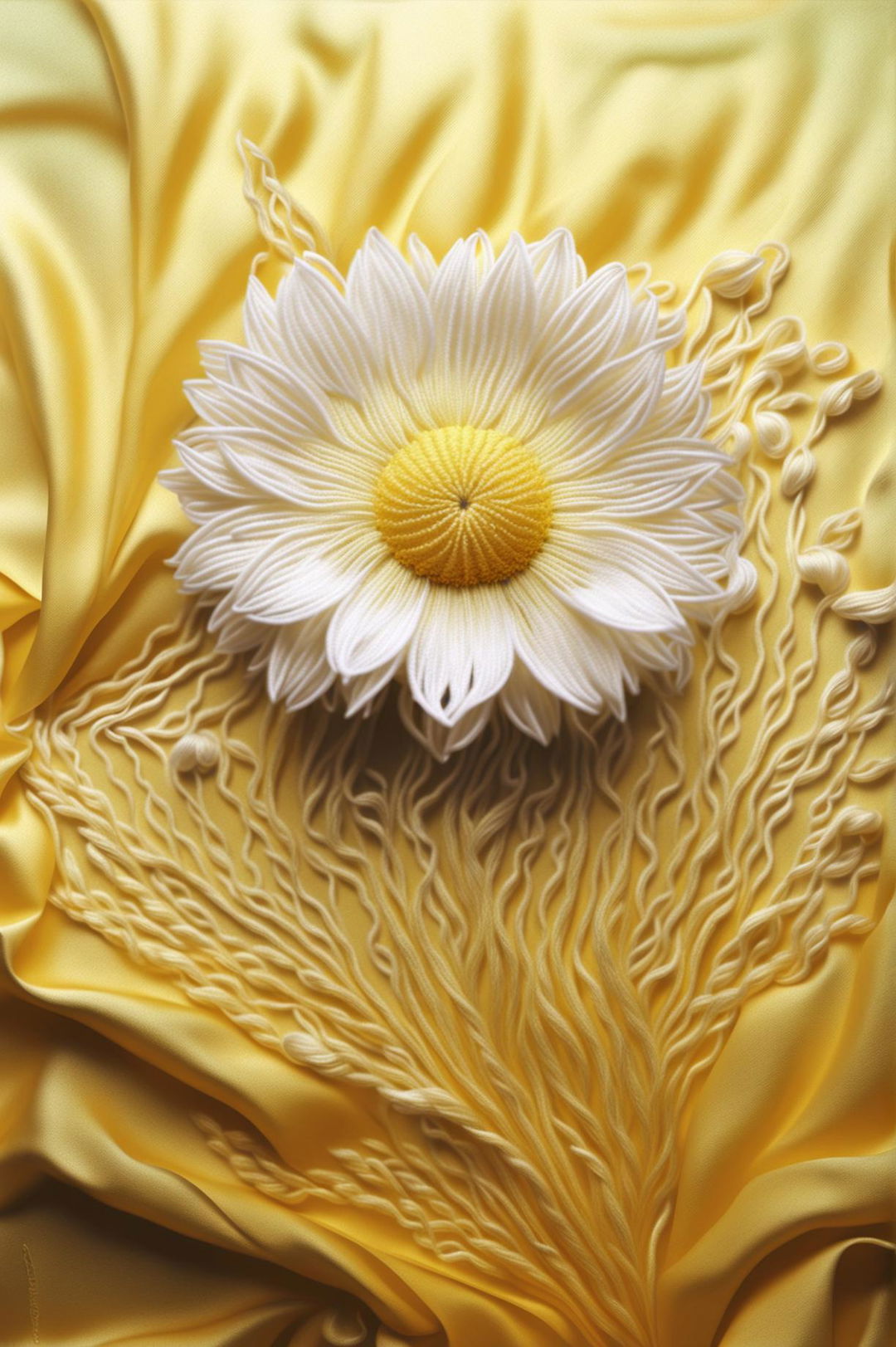 This 32k HD digital art image depicts a daisy embroidery made from silk threads