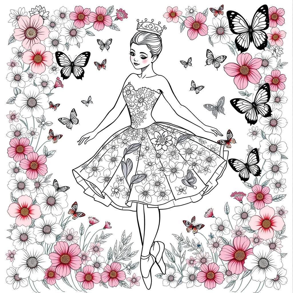 A detailed coloring page of a ballerina in a beautifully designed tutu featuring flowery prints