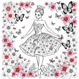 A detailed coloring page of a ballerina in a beautifully designed tutu featuring flowery prints