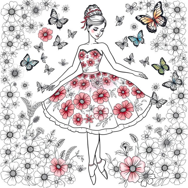 A detailed coloring page of a ballerina in a beautifully designed tutu featuring flowery prints