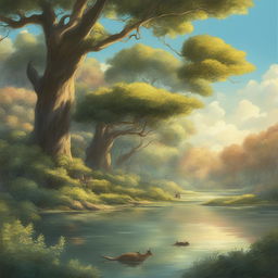 A high-definition digital art image depicting a tranquil woodland in the unique style of Studio Ghibli