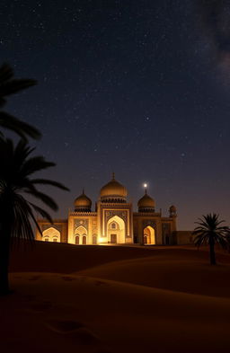 A mesmerizing scene of an ancient Arab palace located in the desert at night