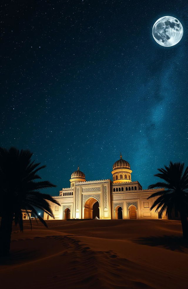 A mesmerizing scene of an ancient Arab palace located in the desert at night