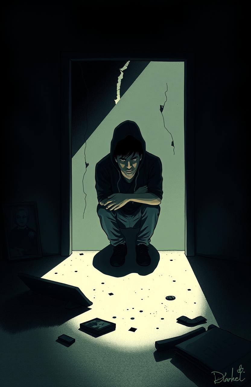 A striking and emotional illustration representing the theme of psychology and mental illness in young men from broken homes