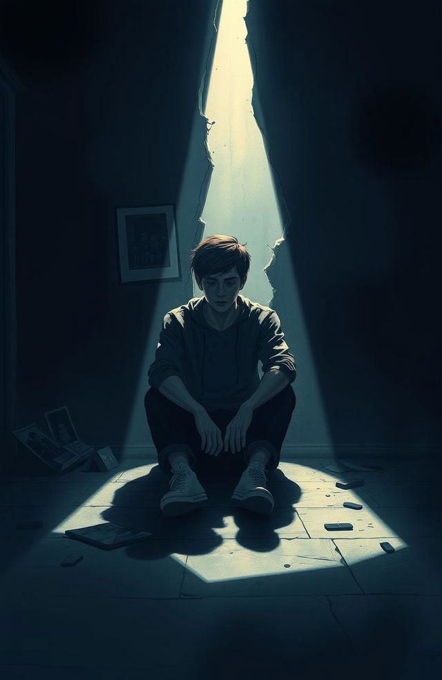 A striking and emotional illustration representing the theme of psychology and mental illness in young men from broken homes