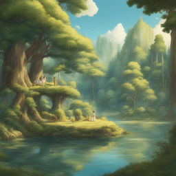 A high-definition digital art image depicting a tranquil woodland in the unique style of Studio Ghibli