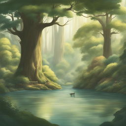 A high-definition digital art image depicting a tranquil woodland in the unique style of Studio Ghibli