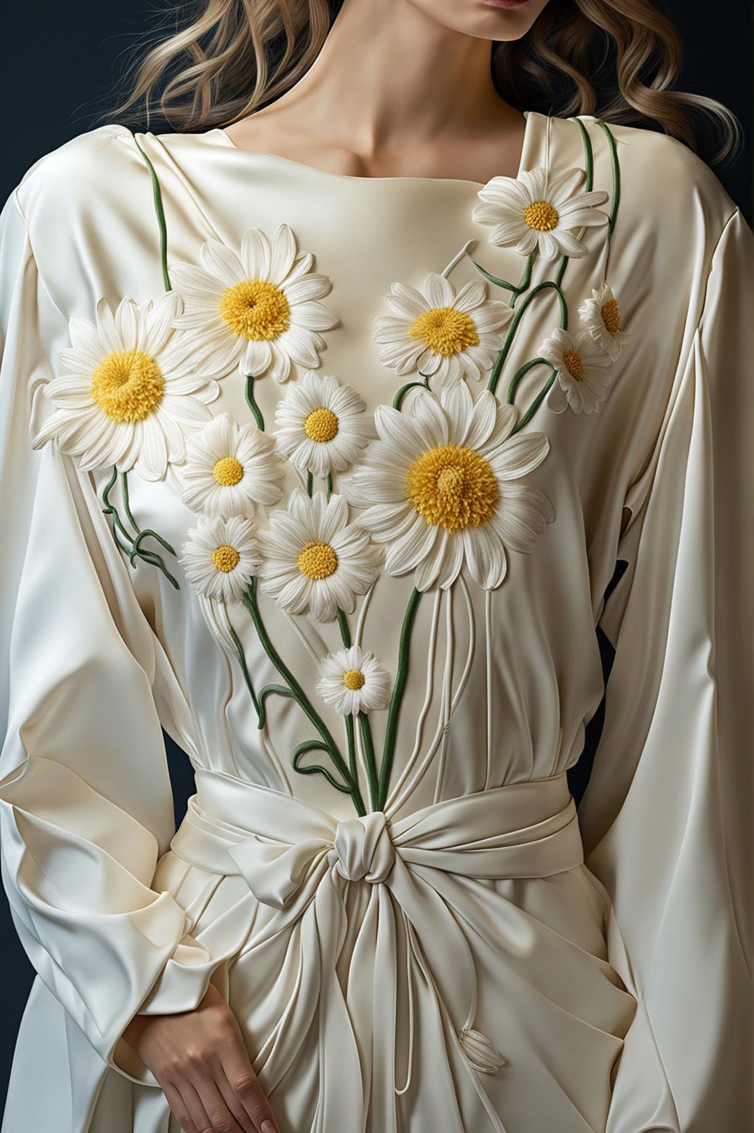 This 32k HD digital art image showcases a luxurious silk robe with a detailed daisy embroidery