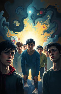 A surreal and thought-provoking scene depicting young men emerging from dark shadows into bright light, symbolizing their journey from mental illness and broken homes towards hope and healing