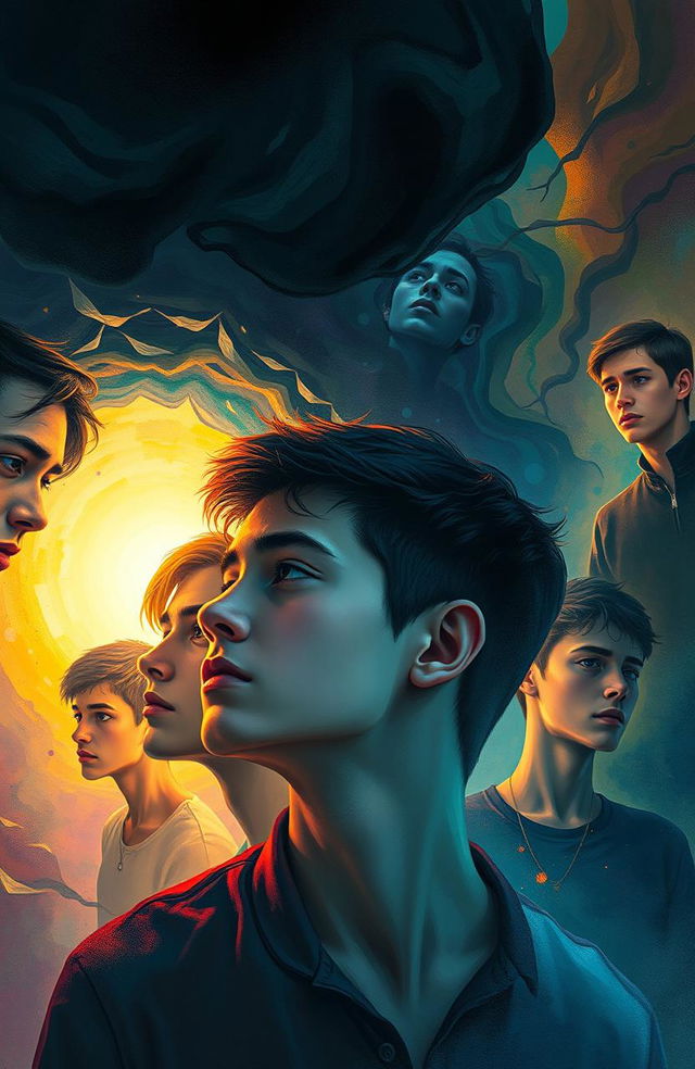 A surreal and thought-provoking scene depicting young men emerging from dark shadows into bright light, symbolizing their journey from mental illness and broken homes towards hope and healing